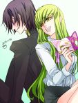  1boy 1girl :d ashford_academy_uniform back-to-back black_hair black_jacket black_pants c.c. clenched_teeth closed_mouth code_geass dress_shirt green_hair grey_skirt head_tilt highres holding holding_mask jacket lelouch_lamperouge long_hair long_sleeves looking_back mask miniskirt open_mouth pants pencil_skirt red_eyes roman_buriki shirt simple_background skirt smile straight_hair teeth very_long_hair white_background white_shirt yellow_eyes 