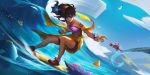  1girl anklet bcopy blue_nails bracelet brown_hair clenched_hand closed_mouth clouds collarbone commentary_request crab day eyelashes flower full_body hair_flower hair_ornament highres jewelry league_of_legends long_hair looking_to_the_side outdoors pool_party_taliyah red_lips sky standing surfboard surfing taliyah water waves 
