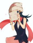  1girl beanie blue_eyes blue_hair blush bracelet commentary_request covering_face creatures_(company) cute game_freak hadu_eru hat heart hikari_(pokemon) holding_sketchbook jewelry long_hair looking_at_viewer nintendo olm_digital pink_scarf poke_ball_print pokemon pokemon_(anime) pokemon_(game) pokemon_dppt scarf simple_background sketchpad solo white_background white_headwear 