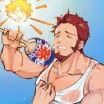  1boy alternate_costume bara beard biceps blush brown_hair chest facial_hair fan fate/grand_order fate_(series) fujimaru_ritsuka_(male) goatee highres male_focus manly meme muscle napoleon_bonaparte_(fate/grand_order) no_scar open_mouth paper_fan pectorals retaliationgraphics see-through sideburns simple_background sky smile solo sun sweat tank_top veins white_tank_top 