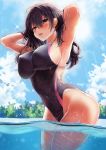  1girl armpits arms_behind_head bangs black_hair blue_sky blush breasts clouds competition_swimsuit covered_navel covered_nipples hair_between_eyes highres kawai long_hair one-piece_swimsuit open_mouth original partially_submerged pool sky solo swimsuit teeth upper_teeth violet_eyes 