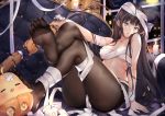  1girl azur_lane bandaged_arm bandaged_head bandages black_legwear blue_eyes breasts brown_hair candle clouds cloudy_sky commentary_request couch crossed_legs feet full_body halloween indoors long_hair mamemena manjuu_(azur_lane) medium_breasts moon newcastle_(azur_lane) night no_shoes pantyhose parted_lips sitting sky soles solo straight_hair umbrella window 