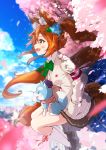  1girl absurdres animal_ears animal_on_lap bangs black_footwear blue_sky blurry blurry_background blush bow bowtie breasts brown_hair brown_skirt clouds cloudy_sky commentary_request falling_petals fang flower fox_ears fox_tail fuku_kitsune_(fuku_fox) green_bow green_neckwear hair_between_eyes hair_flower hair_ornament hand_in_pocket highres kneehighs korin_(shironeko_project) long_hair medium_breasts open_mouth outdoors petals pink_flower ponytail shironeko_project shoes skirt sky smile tail white_legwear 
