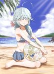  1girl ahoge beach bikini bikini_skirt black_ribbon blue_bikini blue_sky braid brown_eyes clouds day flat_chest full_body grey_hair hair_over_eyes hair_ribbon hamanami_(kantai_collection) island kantai_collection long_hair looking_at_viewer ocean outdoors palm_leaf pleated_skirt ribbon single_braid sitting skirt sky soil_7yi2i2s solo striped striped_bikini swimsuit wariza 