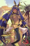  1girl animal_ears armlet bangs belly_chain bird blonde_hair blue_sky blush bracer breasts closed_mouth dark_skin earrings egyptian facepaint facial_mark fate/grand_order fate_(series) flower hairband highres hoop_earrings jackal_ears jewelry kazto_furuya long_hair looking_at_viewer multicolored_hair navel nitocris_(fate/grand_order) pelvic_curtain purple_hair sidelocks sky smile staff thighs two-tone_hair under_boob usekh_collar very_long_hair violet_eyes 