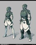  1boy 1girl alpyro armor arms_at_sides asymmetrical_clothes belt belt_buckle belt_pouch boots breastplate buckle english_commentary full_armor full_body grey_background helmet highres original pants pouch science_fiction 