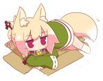  1girl animal_ears bangs bell bell_collar blonde_hair box brown_collar cardboard_box chibi collar detached_sleeves dress eyebrows_visible_through_hair folded_ponytail fox_ears fox_girl fox_tail full_body green_dress green_sleeves hair_between_eyes hair_bun hair_ornament jingle_bell kemomimi-chan_(naga_u) long_hair long_sleeves looking_away lying naga_u no_shoes on_side original ribbon-trimmed_sleeves ribbon_trim sidelocks sleeveless sleeveless_dress sleeves_past_fingers sleeves_past_wrists socks solo tail white_background white_legwear 