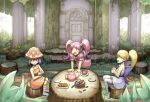  3girls :d basket blonde_hair blue_hair candy commentary_request cup dress food gdgd_fairies grass holding holding_cup korokoro looking_to_the_side multiple_girls open_mouth orange_dress outdoors pikupiku pink_eyes pink_hair ponytail saucer shirushiru sitting smile socks striped striped_legwear tea_party teacup teapot thigh-highs tied_hair tongue tree_trunk twintails yuuru 