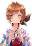  1girl aoi_(kirabosi105) bag bangs blush bow braid braided_bun brown_hair clarisse_(granblue_fantasy) floral_print granblue_fantasy green_eyes hair_bow handbag highres japanese_clothes kimono looking_at_viewer portrait tied_hair upper_body yukata 