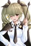  1girl anchovy_(girls_und_panzer) anzio_(emblem) anzio_school_uniform arm_up black_cape black_neckwear blonde_hair breasts brown_eyes cape commentary_request drill_hair emblem fang girls_und_panzer gradient_hair green_hair hair_ribbon hand_on_hip highres kure:kuroha long_hair long_sleeves loose_necktie medium_breasts multicolored_hair necktie one_eye_closed open_mouth ribbon riding_crop school_uniform shirt short_hair simple_background skin_fang smile solo sparkle standing twin_drills upper_body white_background white_shirt 