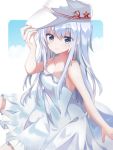  1girl alternate_costume blue_eyes dress fathom flat_cap hammer_and_sickle hat hibiki_(kantai_collection) highres kantai_collection long_hair silver_hair sleeveless sleeveless_dress solo spaghetti_strap sundress verniy_(kantai_collection) white_dress white_headwear 