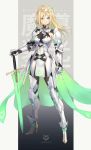  1girl armor blonde_hair breasts forehead_protector full_body green_eyes high_heels highres isegawa_yasutaka long_hair medium_breasts original solo sword weapon 