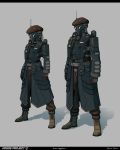  1boy 1girl alpyro armor arms_at_sides belt belt_pouch beret boots breastplate brown_gloves english_commentary full_armor full_body gas_mask gloves grey_background hat helmet highres long_coat original pants ponytail pouch science_fiction shoulder_armor 
