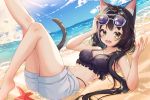  1girl animal_ear_fluff animal_ears bangs beach black_hair blue_sky blush breasts cat_ears clouds cloudy_sky collarbone commentary day green_eyes highres kaku_(walletbreaker) karyl_(princess_connect!) long_hair lying multicolored_hair ocean on_back outdoors princess_connect! princess_connect!_re:dive sand sky solo starfish streaked_hair sunglasses swimsuit tail twintails white_hair 