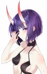  1girl bangs bare_shoulders blush bob_cut breasts closed_mouth collarbone crying_eye eyeliner fate/grand_order fate_(series) hand_in_hair highres horns looking_at_viewer makeup oni oni_horns purple_hair revealing_clothes short_hair shuten_douji_(fate/grand_order) simple_background skin-covered_horns small_breasts violet_eyes white_background 
