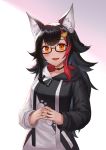  1girl :d absurdres animal_ear_fluff animal_ears black_choker black_hair black_hoodie blush breasts choker commentary cowboy_shot eyebrows_visible_through_hair eyelashes glasses hair_ornament hands_clasped hands_together highres hololive long_hair long_sleeves looking_at_viewer medium_breasts multicolored_hair ookami_mio open_mouth orange_eyes own_hands_together paw_print_pattern red-framed_eyewear redhead samc semi-rimless_eyewear simple_background smile solo streaked_hair two-tone_hair two-tone_sweater virtual_youtuber white_background white_hoodie wolf_ears 