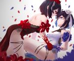  2girls backless_dress backless_outfit bare_shoulders black_hair blue_eyes blue_flower blue_gloves blue_hair blurry blurry_foreground blush depth_of_field dress eye_contact flower gloves hair_flower hair_ornament hair_ribbon halter_dress highres holding_hands honkai_(series) honkai_impact_3rd looking_at_another multicolored_hair multiple_girls petals red_eyes red_flower red_gloves redhead ribbon seele_(alter_ego) seele_vollerei seele_vollerei_(stygian_nymph) side_slit smile sprygon thigh_strap two-tone_hair white_flower 