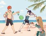  1girl 2boys beach black_hair blindfold blonde_hair blue_sky brown_gloves closed_mouth clouds cup day drinking_straw felix_hugo_fraldarius fingerless_gloves fire_emblem fire_emblem:_three_houses fire_emblem_heroes flower food from_behind fruit glass gloves grin hair_flower hair_ornament highres holding holding_cup ingrid_brandl_galatea jewelry long_hair multiple_boys necklace outdoors redhead rubi_arts sandals short_hair sky smile sunglasses swimsuit sylvain_jose_gautier twitter_username water watermelon 