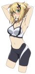  1girl akatsuki_kirika arms_up bike_shorts blonde_hair blush breasts cosplay green_eyes hair_ornament looking_at_viewer maria_cadenzavna_eve maria_cadenzavna_eve_(cosplay) medium_breasts mouth_hold senki_zesshou_symphogear shiny shiny_hair shiny_skin short_hair simple_background solo standing tank_top tsukamoto_kensuke white_background x_hair_ornament 