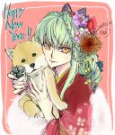  2018 bag bow braid c.c. closed_mouth code_geass dated eyebrows_visible_through_hair floral_print green_hair hair_between_eyes hair_bow happy_new_year holding_dog japanese_clothes kimono long_hair looking_at_viewer new_year print_kimono red_background red_kimono roman_buriki signature smile striped tied_hair very_long_hair yellow_eyes 