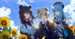  3girls ;d animal_ears arknights backlighting bear_ears belt beret black_choker black_jacket blonde_hair blue_eyes blue_hair brown_hair cardigan choker closed_mouth clouds day flower fur_trim gummy_(arknights) hair_ornament hairclip hat holding istina_(arknights) jacket long_hair looking_at_viewer multicolored_hair multiple_girls neckerchief off_shoulder one_eye_closed open_clothes open_jacket open_mouth orange_eyes outdoors owenhiruno parted_lips sailor_collar school_uniform sky smile streaked_hair sunflower twintails white_cardigan zima_(arknights) 