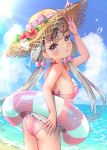  1girl :o ass bangs bare_arms bare_shoulders beach bikini blue_sky blush breasts clouds cloudy_sky commentary_request day eyebrows_visible_through_hair eyewear_on_head flower frills from_side hair_ornament hat hat_flower highres hisakawa_nagi idolmaster idolmaster_cinderella_girls idolmaster_cinderella_girls_starlight_stage innertube long_hair looking_at_viewer low_twintails ocean open_mouth outdoors pink_bikini pink_swimsuit red_flower sky small_breasts solo straw_hat summer sun_hat sunglasses swimsuit takoyakiudon twintails water wristband 
