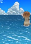  1girl blue_sky bobokuboboku brown_jacket character_name clouds commentary_request dated day from_behind highres i-26_(kantai_collection) jacket kantai_collection light_brown_hair long_hair ocean outdoors short_sleeves sky solo twitter_username two_side_up water 