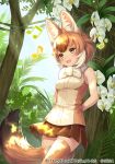  1girl :d animal_ear_fluff animal_ears arms_behind_back bangs bare_arms bare_shoulders beamed_eighth_notes blush breasts brown_eyes brown_hair brown_legwear brown_skirt commentary_request company_name cowboy_shot day dhole_(kemono_friends) dog_ears dog_girl dog_tail eighth_note eyebrows_visible_through_hair flower forest fur_collar kemono_friends_3 light_rays medium_breasts miniskirt multicolored_hair music musical_note nature ne-on official_art open_mouth outdoors plant pleated_skirt shirt short_hair singing skirt sleeveless sleeveless_shirt smile solo sunbeam sunlight tail tree two-tone_hair two-tone_shirt white_flower white_hair zipper 