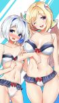  2girls aki_rosenthal amane_kanata bikini blonde_hair blush breasts collarbone commentary_request detached_hair eyebrows_visible_through_hair hair_between_eyes highres holding_another&#039;s_arm hololive long_hair looking_at_viewer low_twintails medium_breasts multiple_girls navel one_eye_closed open_mouth sasakuma_kyouta short_hair silver_hair small_breasts smile swimsuit twintails violet_eyes white_bikini 