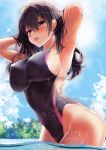  1girl absurdres armpits arms_behind_head bangs black_hair blue_sky blush breasts clouds competition_swimsuit covered_navel covered_nipples hair_between_eyes highres kawai long_hair one-piece_swimsuit open_mouth original sky solo swimsuit teeth violet_eyes 