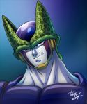  1boy blue_background cell_(dragon_ball) closed_mouth commentary_request dragon_ball dragon_ball_z head_tilt male_focus naomi_(nplusn) perfect_cell pink_eyes signature smirk smug solo upper_body 