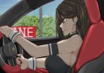  1girl azur_lane bangs breasts brown_hair car car_interior car_seat driving fence ground_vehicle kirigamine774 large_breasts long_hair motor_vehicle ponytail sign solo steering_wheel very_long_hair zuikaku_(azur_lane) 