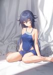  1girl backdrop bare_arms bare_legs bare_shoulders barefoot bed_sheet blue_camisole blue_eyes blue_hair blue_skirt breasts collarbone eyebrows_behind_hair fu_hua hands_on_own_legs highres honkai_(series) honkai_impact_3rd long_hair looking_down medium_breasts messy_hair no_bra skirt solo spaghetti_strap tdc24 