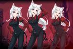 3girls :&lt; :d ;d animal_ear_fluff animal_ears arm_up bangs belt_buckle black_gloves black_neckwear black_pants black_vest breasts buckle buttons cave cerberus_(helltaker) collared_shirt commentary_request contrapposto demon_girl demon_tail dog_ears expressionless eyebrows_visible_through_hair fang feet_out_of_frame gloves hand_in_hair hand_on_hip hands_on_hips helltaker highres juliet_sleeves long_hair long_sleeves looking_at_viewer medium_breasts multiple_girls necktie one_eye_closed open_mouth pants parted_bangs pillar puffy_sleeves red_eyes red_shirt shirt silver_hair smile standing tail triplets uiu very_long_hair vest 