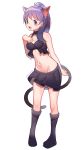  1girl animal_ears bangs bare_arms bare_shoulders black_bra black_skirt blush boots bra breasts cat_ears cat_tail collarbone commentary eyebrows_visible_through_hair harukagi long_hair looking_at_viewer medium_breasts navel open_mouth original pleated_skirt ponytail purple_footwear purple_hair simple_background skirt solo tail underwear violet_eyes white_background 