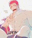  1boy abs bara birthday blush bulge cape chest closed_eyes gift hozunomi male_focus muscle nipples pectorals pollux_(tokyo_houkago_summoners) redhead revealing_clothes simple_background smile solo upper_body 