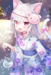  1girl :d animal_ears bag bagged_fish bow cat_ears cat_tail fang festival fish goldfish highres japanese_clothes kimono manao-ke manao_misuzu manao_misuzu_(artist) medium_hair multicolored_hair open_mouth pig_mask pink_hair red_eyes sash silver_hair skin_fang smile streaked_hair tail tail_bow violet_eyes virtual_youtuber yukata 