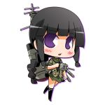  1girl adapted_turret bangs black_hair blunt_bangs braid cannon chibi commentary_request green_sailor_collar green_serafuku green_skirt hair_over_shoulder hair_ribbon kantai_collection kitakami_(kantai_collection) long_hair looking_at_viewer lowres machinery neckerchief pac-man_eyes pleated_skirt ribbon sailor_collar school_uniform serafuku sidelocks simple_background single_braid skirt smokestack solo suntail tress_ribbon turret violet_eyes white_background 