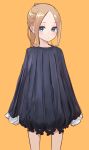  1girl abigail_williams_(fate/grand_order) absurdres bangs black_dress blonde_hair blue_eyes blush closed_mouth commentary_request dress fate/grand_order fate_(series) forehead highres kopaka_(karda_nui) long_hair long_sleeves looking_at_viewer orange_background parted_bangs ponytail ribbed_dress simple_background sleeves_past_wrists solo standing 