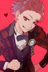  1103sns 1boy absurdres ace_trappola facial_tattoo formal hand_on_hip highres jacket looking_at_viewer male_focus necktie red_eyes redhead short_hair smile solo suit tattoo twisted_wonderland 