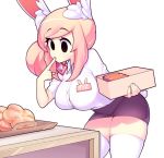 animal_ears black_eyes black_skirt box bread breasts bunny_girl bunny_tail button_gap buttons commentary eyebrows_visible_through_hair finger_to_mouth fiz_(fizintine) fizintine food hair_bun hair_ribbon heart holding large_breasts looking_down medium_hair miniskirt name_tag original pink_hair rabbit_ears raised_eyebrows red_ribbon ribbon shirt short_sleeves sidelocks simple_background skirt table tail thigh-highs thighs white_background white_legwear white_shirt zettai_ryouiki 