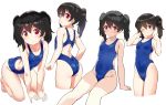  1girl ;o all_fours ass bare_arms bare_shoulders black_hair blue_swimsuit competition_swimsuit cropped_legs highleg highleg_swimsuit kurokawa_makoto long_hair looking_at_viewer love_live! love_live!_school_idol_project multiple_views one-piece_swimsuit one_eye_closed red_eyes simple_background sitting swimsuit twintails white_background yazawa_nico 