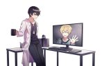  2boys black_eyes black_hair black_pants black_shirt blonde_hair book camera closed_eyes coat collarbone commentary cup eugeo grey_shirt hair_between_eyes highres holding holding_cup keyboard labcoat long_sleeves male_focus monitor multiple_boys open_mouth pants ryeonghwa shirt short_hair simple_background smile sword_art_online table white_background white_coat 