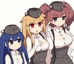  3girls akatsuki_(kantai_collection) atlanta_(kantai_collection) atlanta_(kantai_collection)_(cosplay) blue_eyes blue_hair blush bra_through_clothes breasts cosplay finger_gun fingerless_gloves gloves hair_flaps highres kantai_collection long_hair matching_outfit medium_breasts multiple_girls open_mouth red_eyes redhead see-through simoyuki twintails very_long_hair yuudachi_(kantai_collection) 