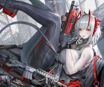  1girl ahoge antennae arknights bangs bare_arms bare_shoulders black_gloves blush breasts bullet commentary copyright_name feet_out_of_frame fingerless_gloves gloves grey_legwear grey_shirt grin gun hands_up highres holding holding_gun holding_weapon horns large_breasts legs_up looking_at_viewer nail_polish orange_eyes pantyhose parted_lips red_nails shirt short_hair silver_hair sitting sleeveless sleeveless_shirt smile solo stegosauce tail thighs w_(arknights) weapon 