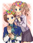  1boy 1girl :d :q ascot blouse blue_eyes blue_jacket blue_neckwear bow bowtie brooch brother_and_sister brown_hair collared_blouse commentary_request food genderswap genderswap_(ftm) genderswap_(mtf) haruta_(haru_chi) head_wreath highres holding holding_food jacket jewelry katarina_claes keith_claes light_brown_hair long_sleeves looking_at_another medium_hair miniskirt muffin open_mouth otome_game_no_hametsu_flag_shika_nai_akuyaku_reijou_ni_tensei_shite_shimatta pleated_skirt purple_blouse purple_neckwear purple_skirt short_hair siblings sitting skirt smile standing step-siblings tongue tongue_out twintails 