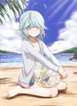  1girl ahoge ball barefoot beach beachball bikini bikini_skirt blue_bikini blue_sky braid brown_eyes clouds day flat_chest full_body grey_hair hair_over_eyes hamanami_(kantai_collection) island jacket kantai_collection long_hair looking_at_viewer ocean outdoors palm_leaf pleated_skirt sitting skirt sky soil_7yi2i2s solo striped striped_bikini swimsuit swimsuit_under_clothes wariza white_jacket 