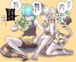  2girls anger_vein animal_ears animal_print aqua_eyes aqua_hair bare_arms bare_legs bare_shoulders barefoot black_hair blonde_hair blush bow bowtie cat_ears cat_tail closed_eyes detached_sleeves extra_ears facing_another fan fanning_face fanning_self full_body gm_(ggommu) highres holding holding_fan hot kemono_friends multicolored_hair multiple_girls open_mouth paper_fan paw_shoes print_skirt print_sleeves sand_cat_(kemono_friends) sand_cat_print shirt shoes shouting skirt sleeveless sleeveless_shirt slit_pupils snake_tail spread_legs striped_tail sweat tail toes translation_request tsuchinoko_(kemono_friends) two-tone_hair uchiwa 