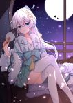  1girl aqua_bow aqua_skirt blue_eyes blue_ribbon bow chinese_clothes commentary constellation crossed_legs earrings feather_fan full_moon fur_trim hair_between_eyes hair_ornament hair_stick hairclip highres honkai_(series) honkai_impact_3rd indoors jewelry long_hair long_sleeves looking_at_viewer moon night night_sky petals poinia ribbon silver_hair skirt sky smirk solo star_(sky) starry_sky striped theresa_apocalypse theresa_apocalypse_(starlit_astrologos) thigh-highs vertical-striped_skirt vertical_stripes very_long_hair white_legwear wide_sleeves window 