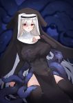  1girl absurdres arknights black_dress black_legwear breasts dress expressionless habit hair_between_eyes hand_on_own_chest highres large_breasts long_hair niaogao no_panties red_eyes silver_hair sitting sleeves_past_wrists solo specter_(arknights) tentacles tentacles_under_clothes thigh-highs very_long_hair wariza 